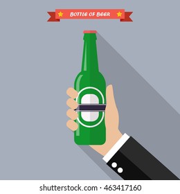 Hand holds a bottle of beer. Flat style vector illustration