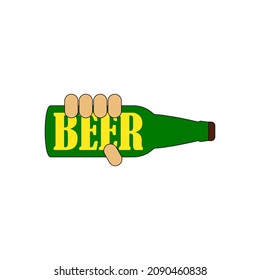 Hand holds a bottle of beer. Inscription beer. Colored isolated vector illustration. Drawing on white background.