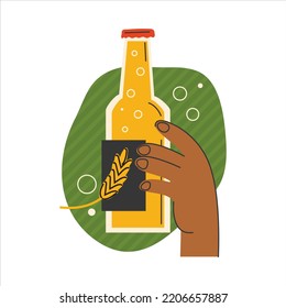 Hand holds a bottle of beer. Oktoberfest Festival banner or poster. Have a beer with your friends. Sticker Alcoholic cold drink for the holiday. Hand drawn vector illustration in cartoon style