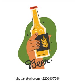 Hand holds a bottle of beer. Oktoberfest Festival banner or poster. Have a beer with your friends. Sticker Alcoholic cold drink for the holiday. Hand drawn vector illustration in cartoon style