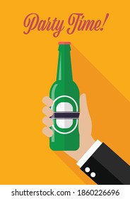 Hand holds a bottle of beer Party time poster. Invitation greting card vector illustration