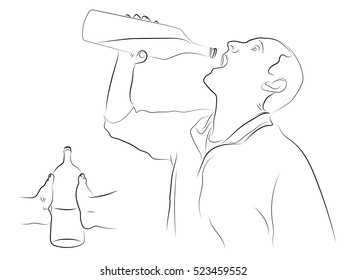 Hand holds a bottle man drinking from a bottle, black and white vector illustration