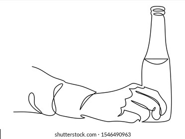 Hand holds a bottle man. vector illustration-continuous line drawing