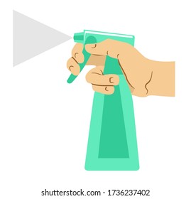 Hand holds bottle spray with disinfectant liquid, antiseptic. Virus protection concept. Home disinfection, hygiene. Vector illustration, flat design isolated on white background. 