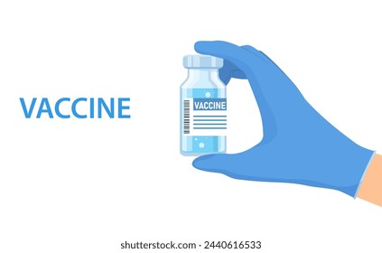 La mano sostiene la botella de la vacuna. Agujas de jeringa para inyección. Equipo médico. Salud, hospital y diagnóstico médico. Ilustración vectorial en un estilo plano