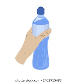 A hand holds a bottle of water. Container for drinks and other liquids. Recyclable packaging. Daily water requirement. Vector illustration isolated on transparent background.