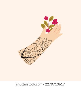 Hand holds a bouquet of blooming flowers. Floral decorative design element isolated on beige background. Flat vector illustration.