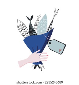 The hand holds a bouquet of fish and a tag. Male bouquet. The fish is collected in a bouquet. Tag for writing. Ready postcard. Vector