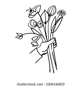 The hand holds a bouquet of flowers. Hand-drawn doodle illustration. Vector