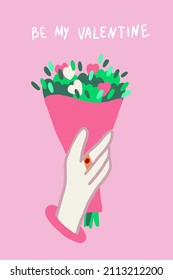 The hand holds a bouquet of flowers. Happy valentine's day greetings. Postcard, poster.
Present, love, friendship, hearts. Vector illustration. Pink background, cute picture. Design for florist.