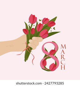 A hand holds a bouquet of red tulips. A beautiful bouquet, painted with your own hands. Florist. Postcard for March 8. International Women's Day. Words of congratulations on Women's Day. 