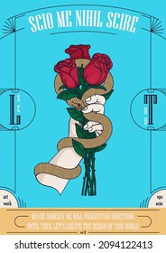 Hand holds a bouquet of roses among which a snake. Mystical retro card. Symbol of deception and danger. Ready design elements for print, tattoo, t-shirt, web or other concepts. Vector graphics