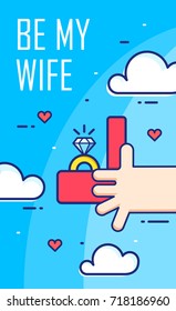 Hand holds the box with an engagement ring. Thin line flat design banner. Vector card.