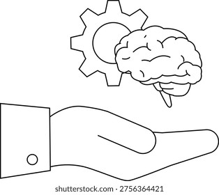 A hand holds a brain connected to a gear all rendered in simple line art