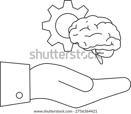 A hand holds a brain connected to a gear all rendered in simple line art