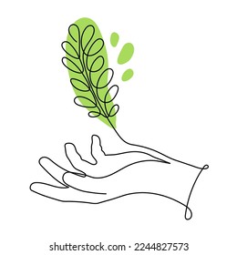 Hand holds branch with leafs,one line art,hand drawn continuous contour.Green energy idea concept.Sign of environmental friendliness.Decoration for banners,stories,posters.Editable stroke.Isolated