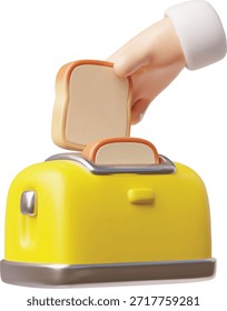 Mão segura a fatia de pão e torradeira 3D ícone de vetor de estilo plástico. Cartoon fritar torrada cozinhar, comida de café da manhã. Eletrodomésticos, utensílios de cozinha. Equipamento de cozinha isolado