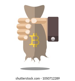 hand holds the broken bag with an icon of a bitcoin. flat design. vector