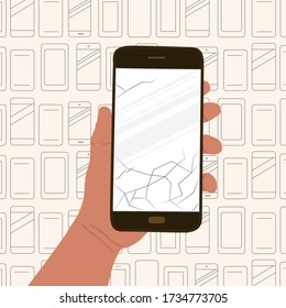 Die Hand hält kaputtes Handy. Kontrahieren Sie den Hintergrund mit verschiedenen Handys. Konzept der mobilen Samples, Recycling alter Smartphones. Banner für Reparaturwerkstätten, Verkauf und Ersatz veralteter Modelle