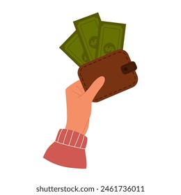 Hand holds brown wallet with green paper money. Purse with paper currency. Wallet filled with banknotes
