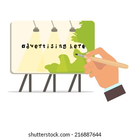 hand holds the brush. creation of advertising billboard on the street. first-person view. vector illustration.