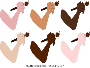 hand holds a brush. different skin colors