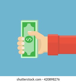 Hand holds bundle of dollars banknotes. Receive, take, give money. Flat style. Graphic vector illustration. 