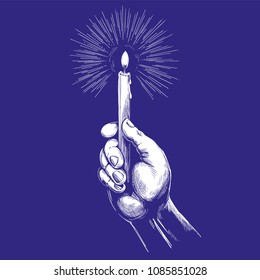 hand holds burning candle shines in the dark hand drawn vector illustration realistic sketch