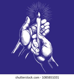 hand holds burning candle shines in the dark hand drawn vector illustration realistic sketch