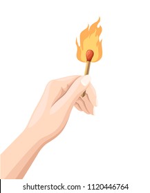 Hand Holds A Burning Match Stick. Match With Fire. Flat Design Style. Vector Illustration Isolated On White Background.