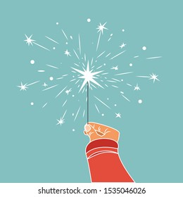 Hand holds burning sparkler, firework on green background. Vector illustration of bengal light in hand