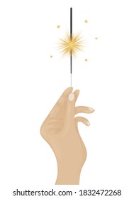 Mano sostiene un destello en llamas. Ilustración vectorial aislada en fondo blanco.