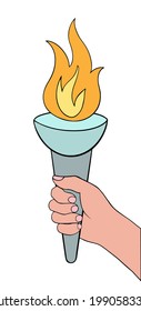 Una mano sostiene una antorcha ardiente con la llama. Ilustración vectorial. Estilo plano