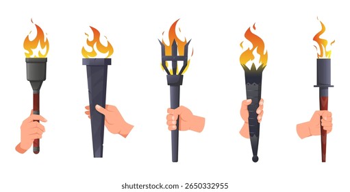 Hand holds burning torch of various kinds. Olympic games victory fire. Flambeau combustion. Arm with blazing flame. Torchlight ignition. Lantern stick carrying. Vector