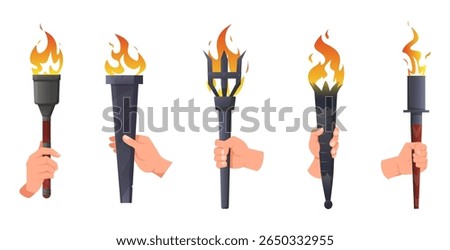 Hand holds burning torch of various kinds. Olympic games victory fire. Flambeau combustion. Arm with blazing flame. Torchlight ignition. Lantern stick carrying. Vector