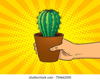 Hand holds cactus pop art retro vector illustration. Comic book style imitation.