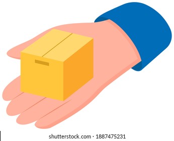 Hand holds cardboard box vector illustration. Delivery of items and goods around the world. Man with closed square box with unknown contents. Person with container in hand isolated on white background