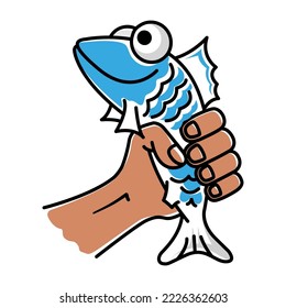A hand holds a cartoon fish with big eyes on a white background. Beer snack concept 