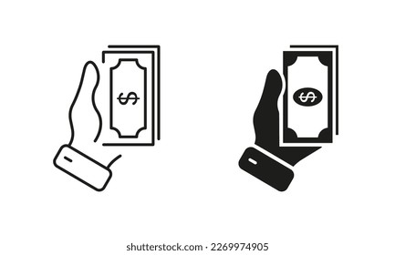 Hand Holds Cash for Payment Line and Silhouette Icon Set. Give Dollar for Currency Exchange Pictogram. Earn Money, Income Salary Flat Symbols on White Background. Isolated Vector Illustration.