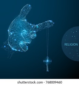 Hand Holds Catholic Cross Low Poly Wireframe. Vector Polygonal Image In The Form Of A Starry Sky Or Space, Consisting Of Points, Lines, And Shapes In The Form Of Stars With Destruct Shapes. Religion