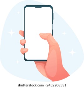  hand holds a cell phone with a white screen, mockup. Stock vector illustration