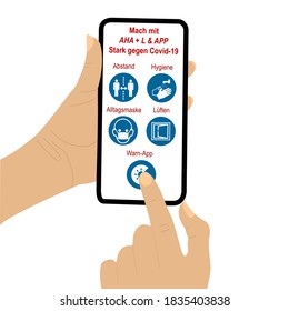 Hand holds cellphone with AHA + L & APP rule. The finger of a second hand presses a symbol. Text in German: Join in, Strong against Covid-19, distance, hygiene, everyday mask, ventilation, warning app