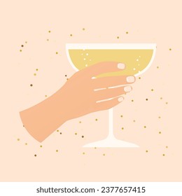 hand holds champagne glass, cheers, party, celebration of New Year's Eve- vector illustration