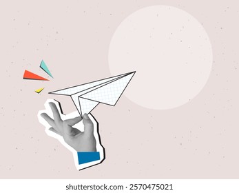 A hand holds checkered paper plane. Modern photo collage style. Vector illustration