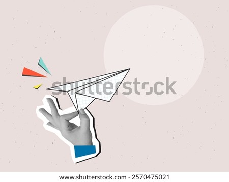 A hand holds checkered paper plane. Modern photo collage style. Vector illustration