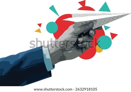 A hand holds checkered paper plane. Modern photo collage style. 
