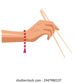 The hand holds Chinese chopsticks. On her hand is a red bracelet made of beads. Vector illustration isolated on a white background