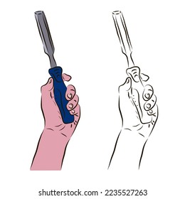 The hand holds a chisel for woodwork. The concept of the carpenter's work.