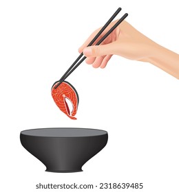 Hand holds chopsticks with salmon. Japanese cuisine, traditional food isolated on white background. Vector illustration EPS 10.