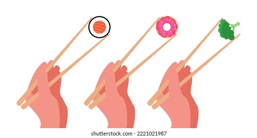 The hand holds chopsticks for sushi. The concept of snacks, right and wrong nutrition, fast food. Isolated on white background. Flat style trend. Vector illustration of sushi, donut and broccoli.